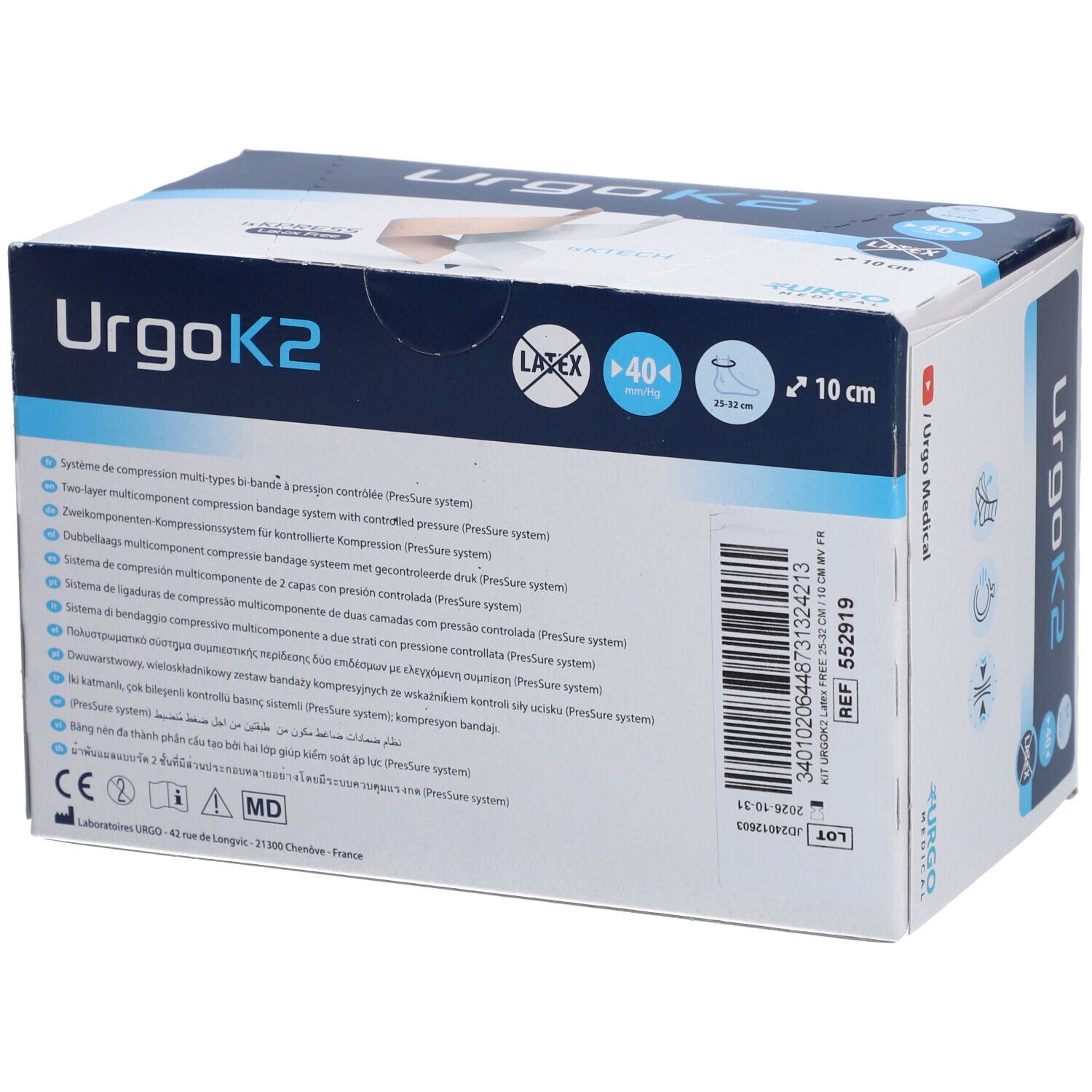 Dos de la boîte UrgoK2. Texte multilingue. Inscriptions: UrgoK2, 40 mmHg, 10 cm, 25-32 cm, Latex. Numéro de référence.