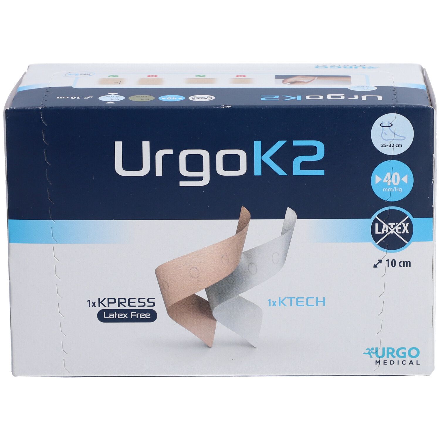 Boîte UrgoK2. Inscriptions: UrgoK2, 1x KPRESS, Latex Free, 1x KTECH, 10 cm, 25-32 cm, 40 mmHg, Latex.