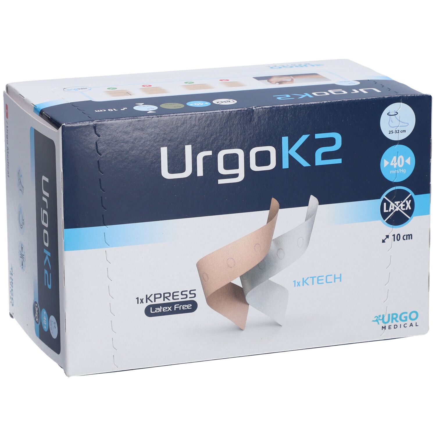 Boîte UrgoK2. Inscriptions: UrgoK2, 1x KPRESS, Latex Free, 1x KTECH, 10 cm, 25-32 cm, 40 mmHg, Latex.