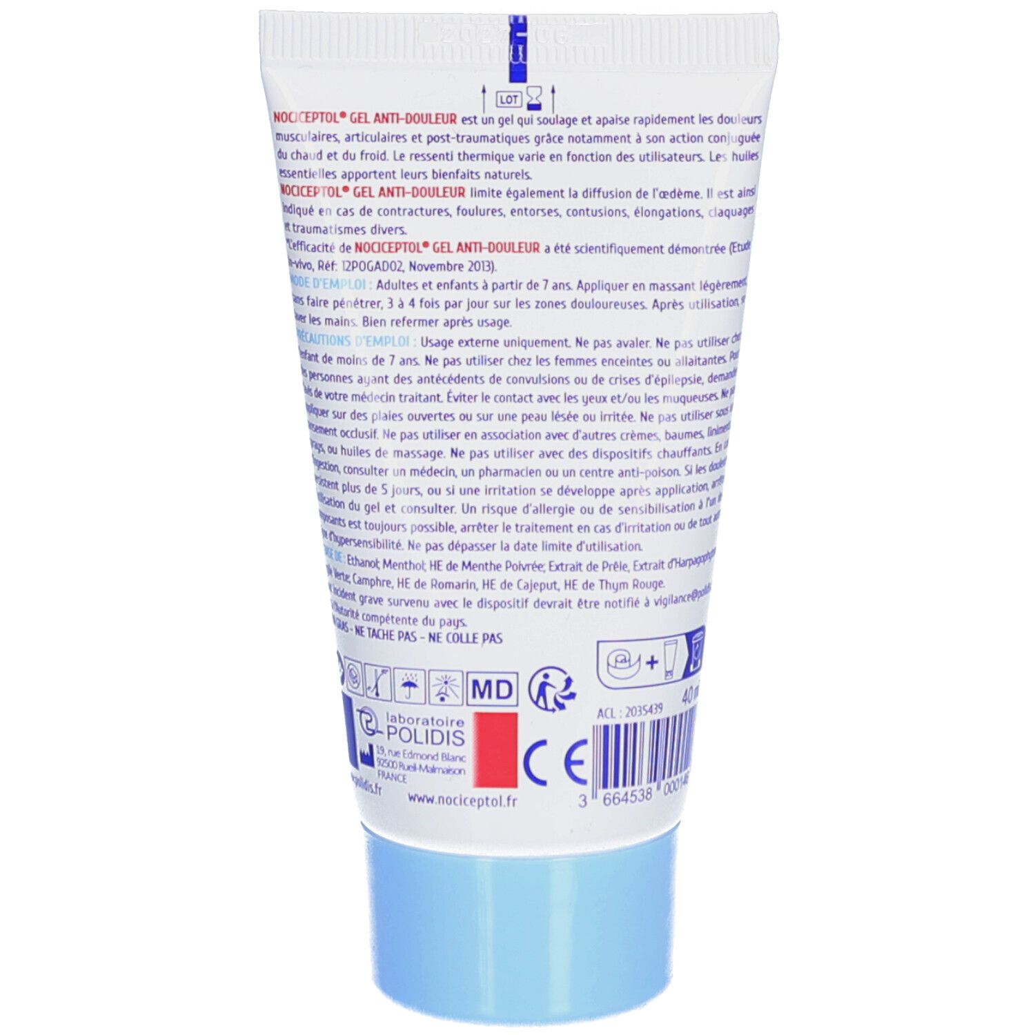Dos du tube Nociceptol Gel Anti-Douleur. Texte et informations d'utilisation. Marquage CE et symbole MD.
