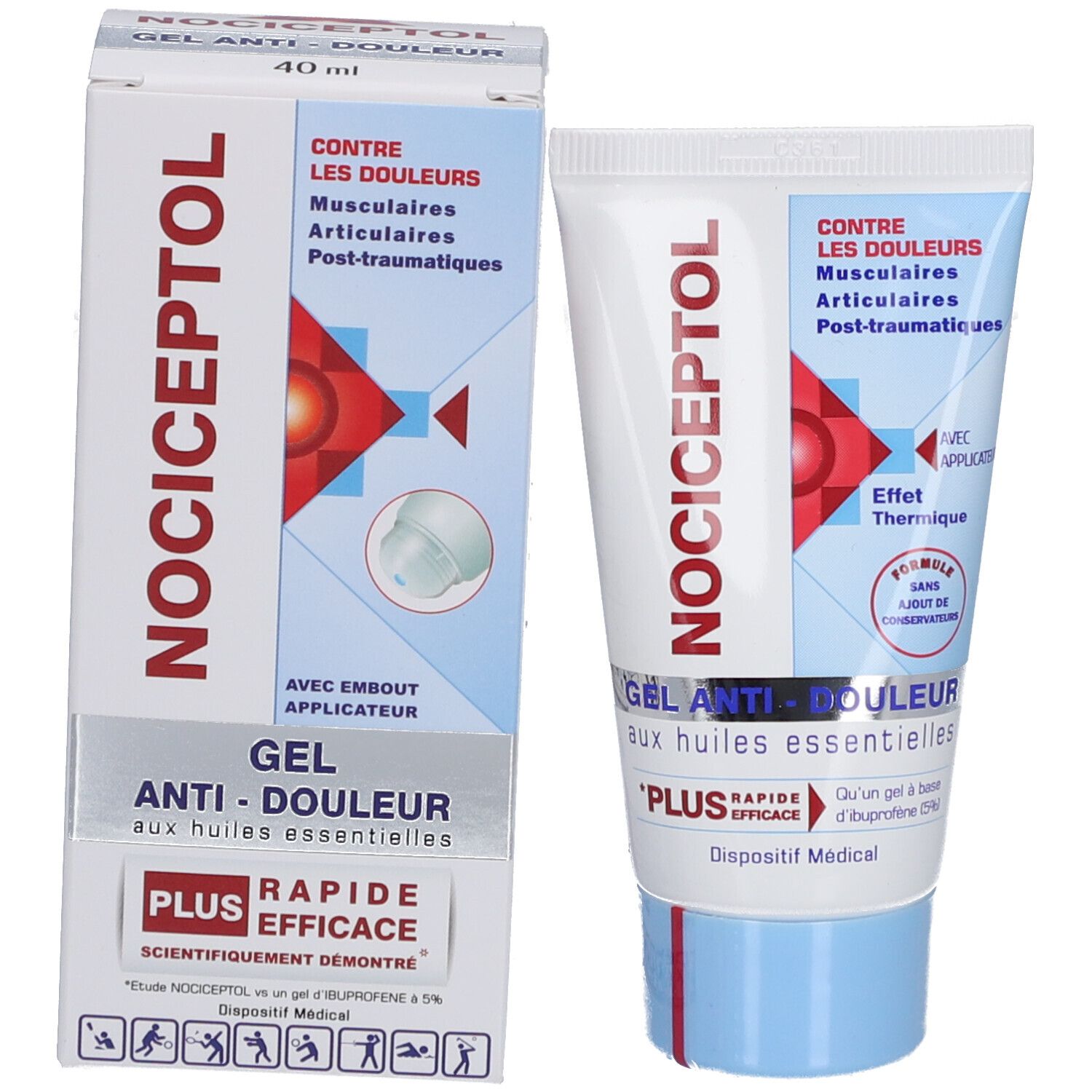 Nociceptol Gel Anti-Douleur et emballage. Blanc et bleu. Texte: Contre les douleurs, aux huiles essentielles, plus rapide. Avec applicateur.