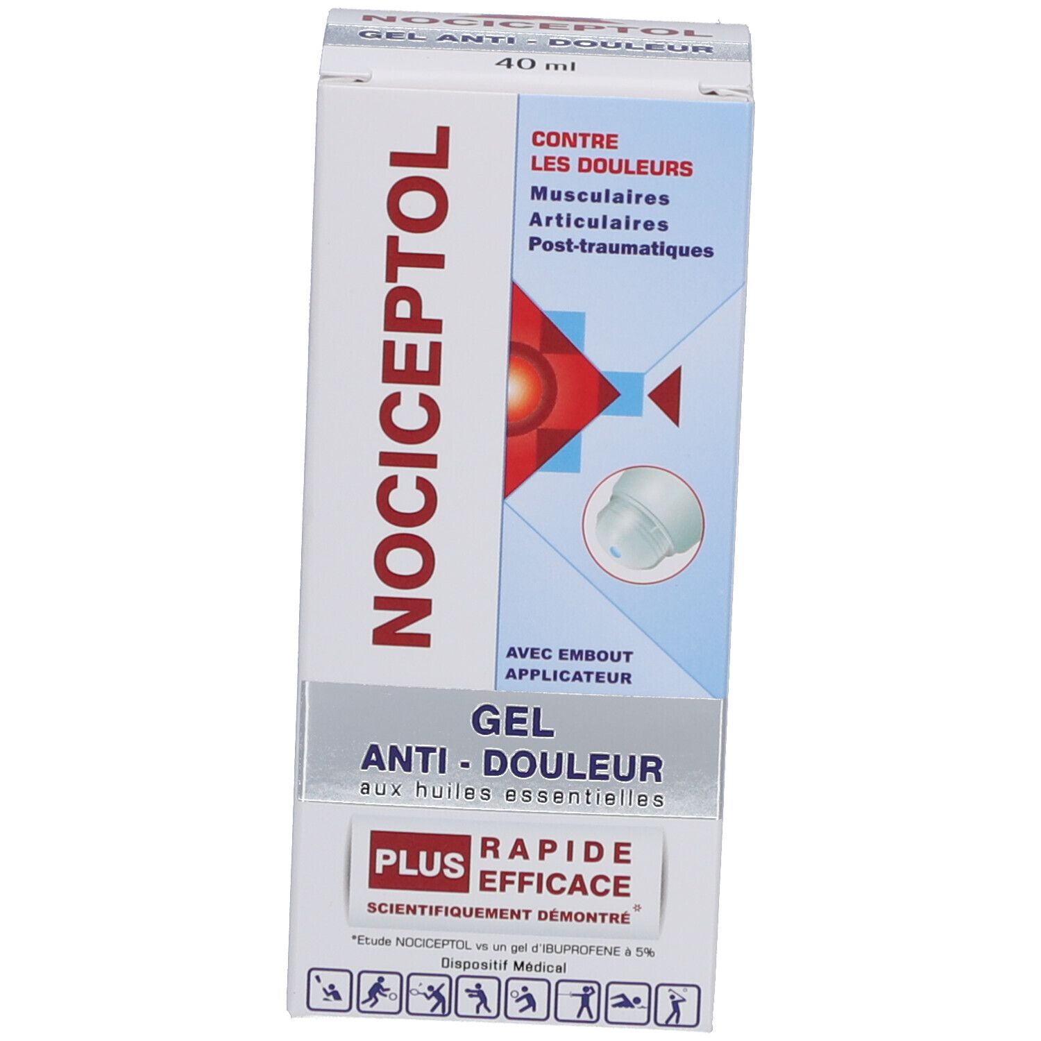 Emballage Nociceptol Gel Anti-Douleur. Blanc et bleu. Texte: Contre les douleurs, aux huiles essentielles, plus rapide. Avec applicateur.