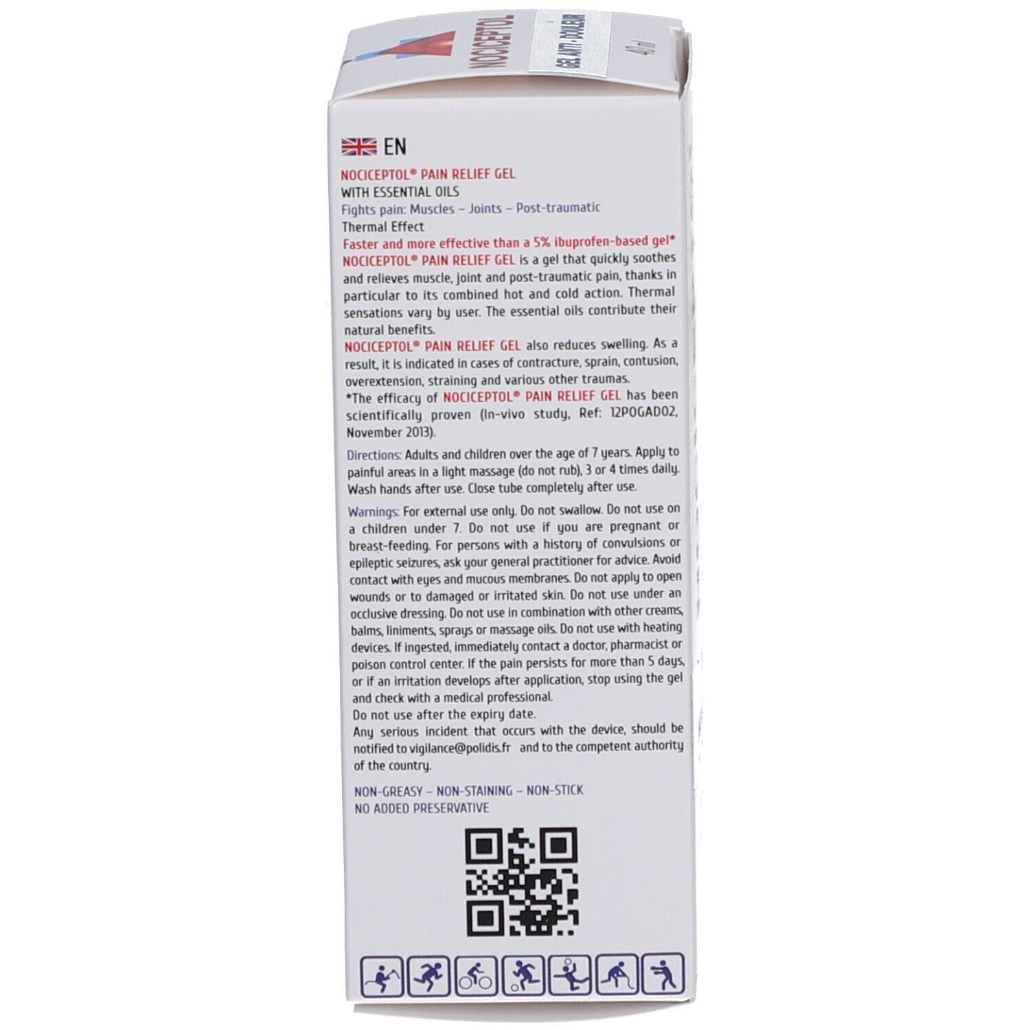 Dos de l'emballage Nociceptol Gel Anti-Douleur. Texte en anglais. Code QR. Sans conservateur.