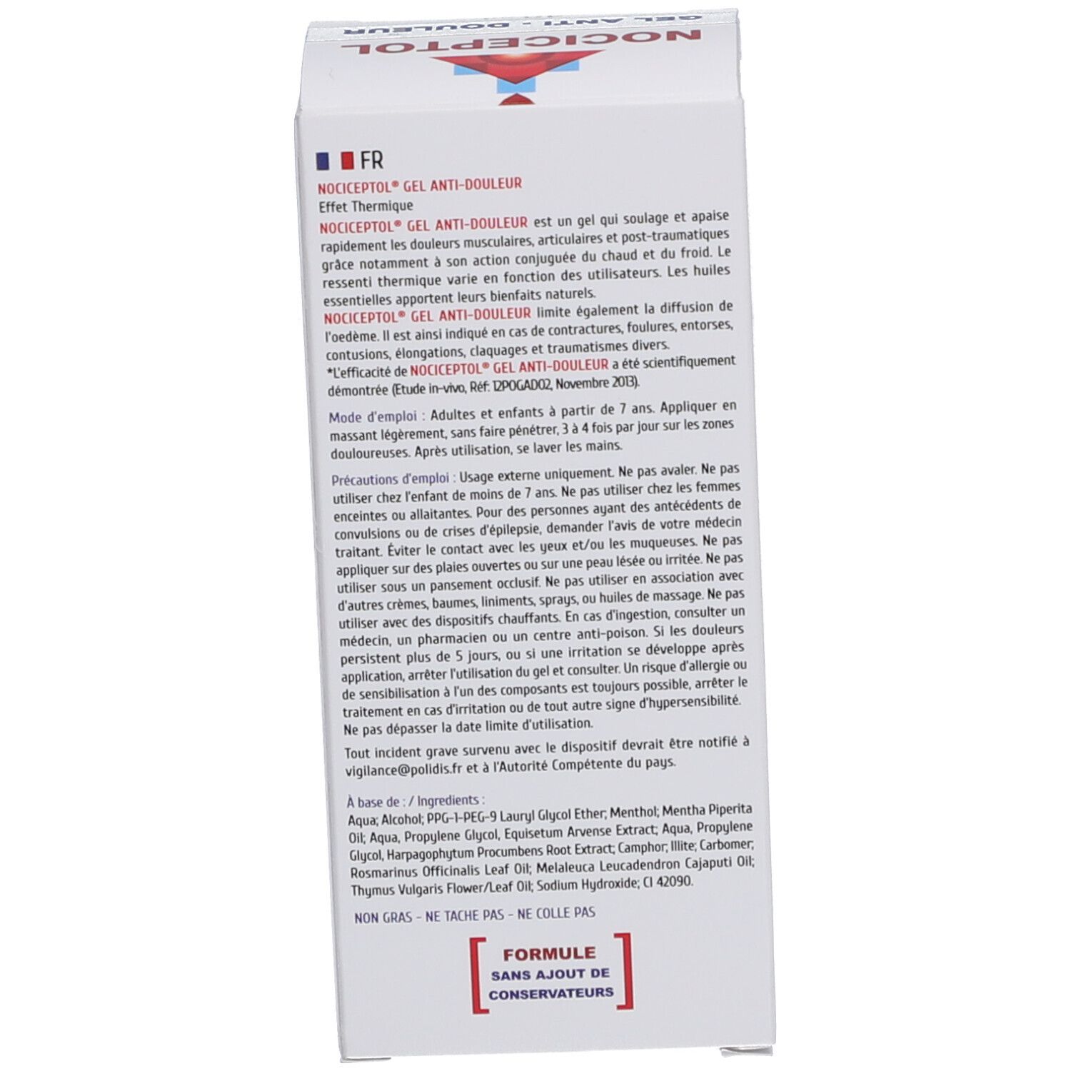 Dos de l'emballage Nociceptol Gel Anti-Douleur. Texte en français. Ingrédients. Sans conservateur.