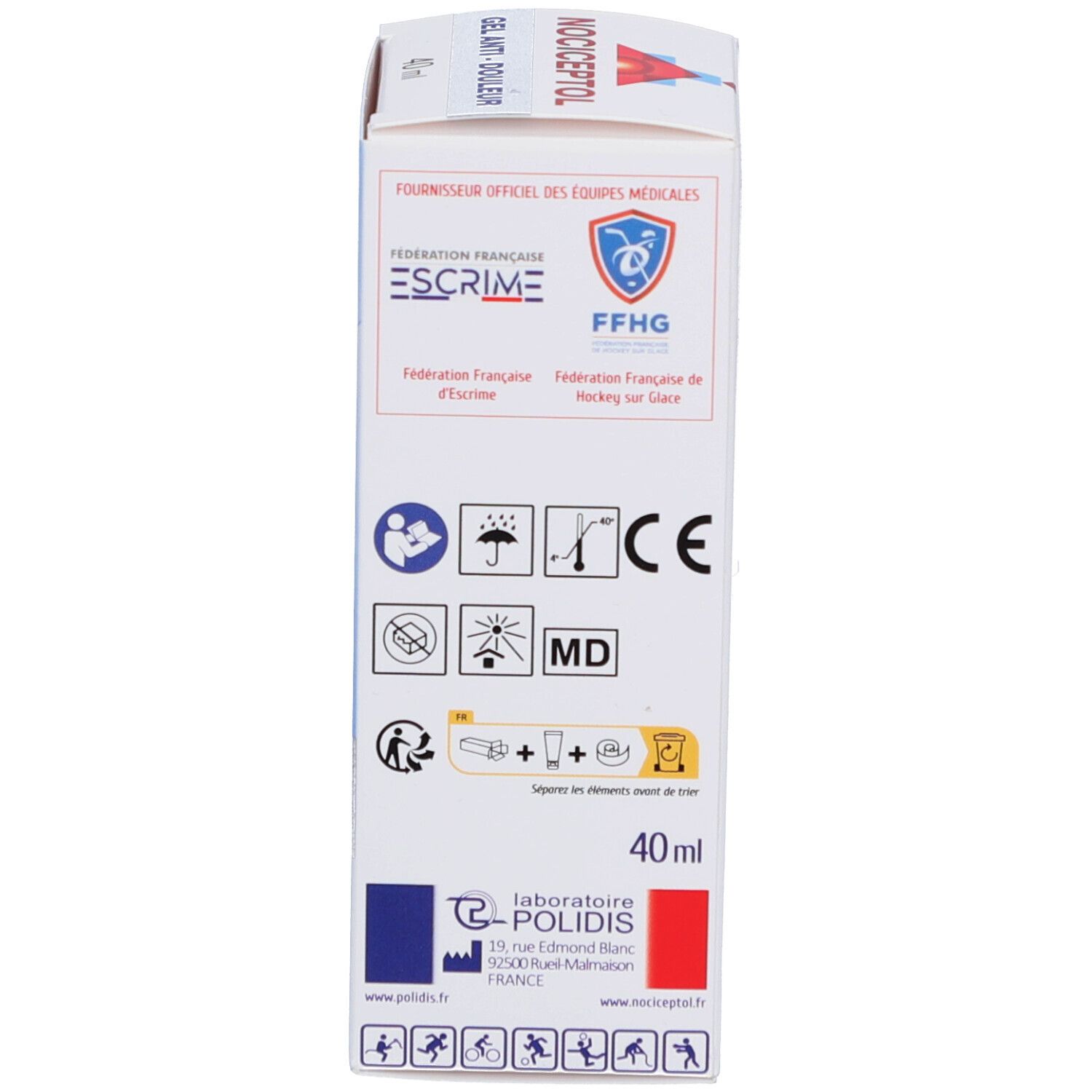 Dessus de l'emballage Nociceptol Gel Anti-Douleur. Logos, marquage CE, symbole MD. 40 ml.