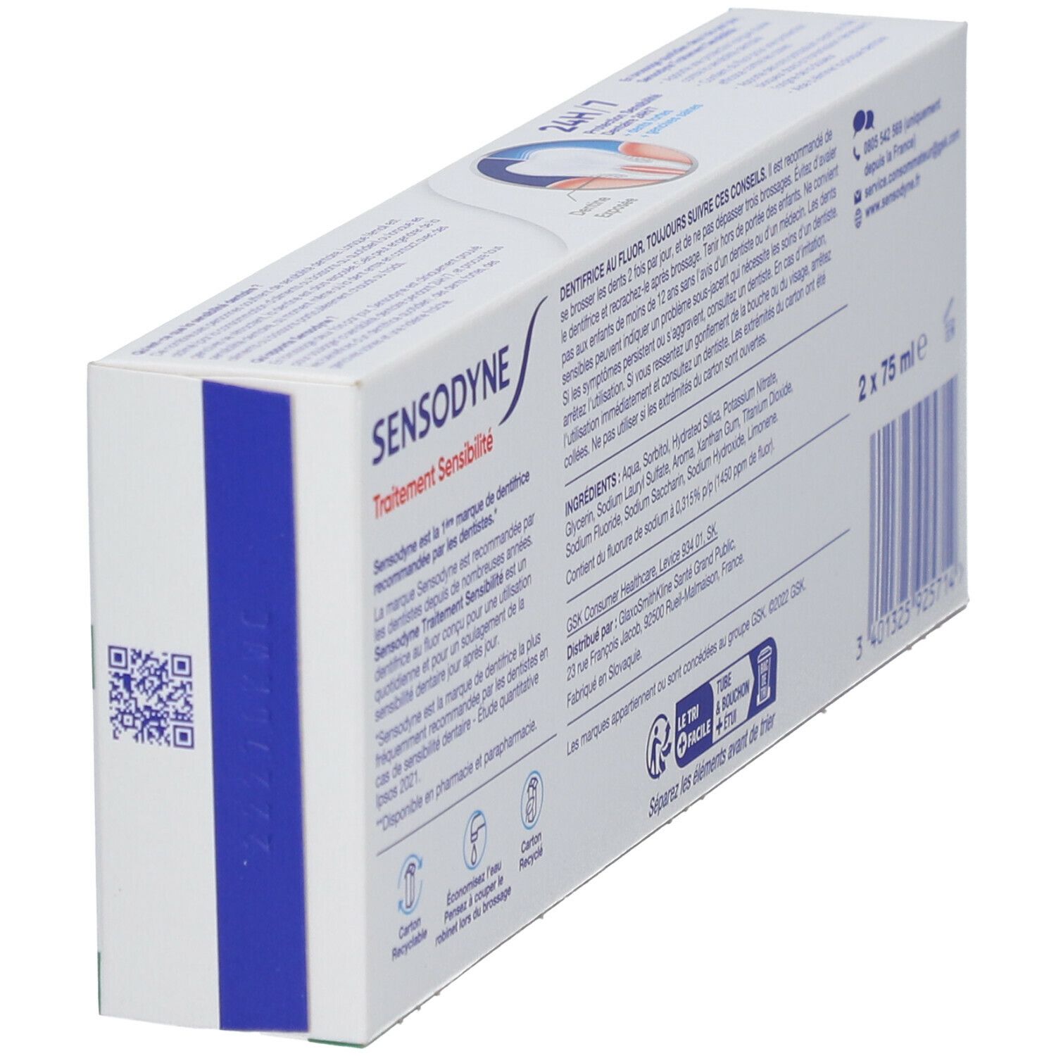 Rückseite der Sensodyne-Zahnpasta-Packung. Text: Sensodyne, Inhaltsstoffe, 2 x 75 ml. Recycling-Symbole.