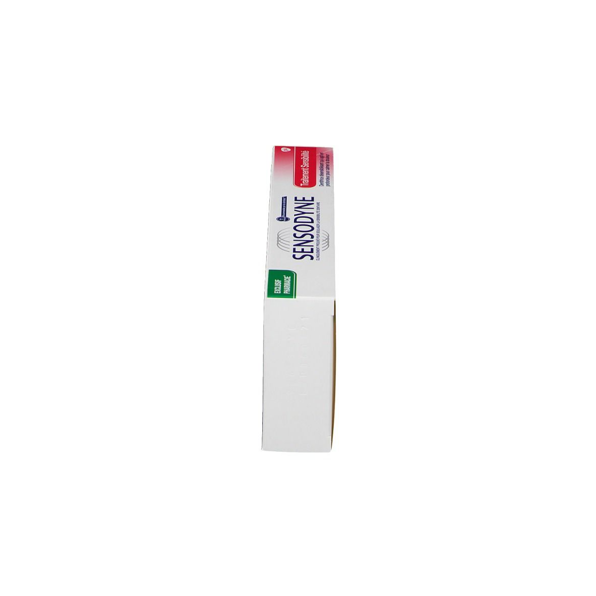 Sensodyne-Zahnpasta-Packung, Seitenansicht. Text: Sensodyne, Behandlung Sensibilität, 2 x 75 ml.