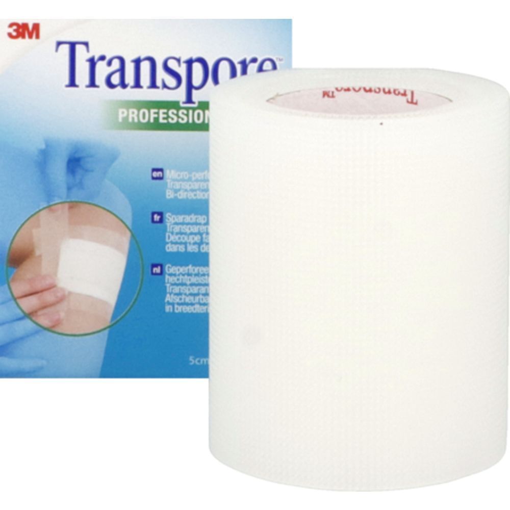 Emballage avec rouleau de ruban adhésif transparent. Marque Transpore, 3M.