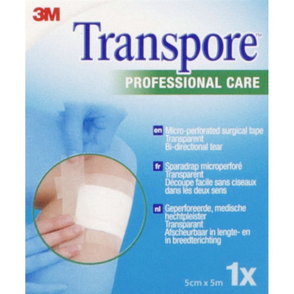 Emballage de ruban adhésif microperforé transparent. Marque Transpore, 3M.