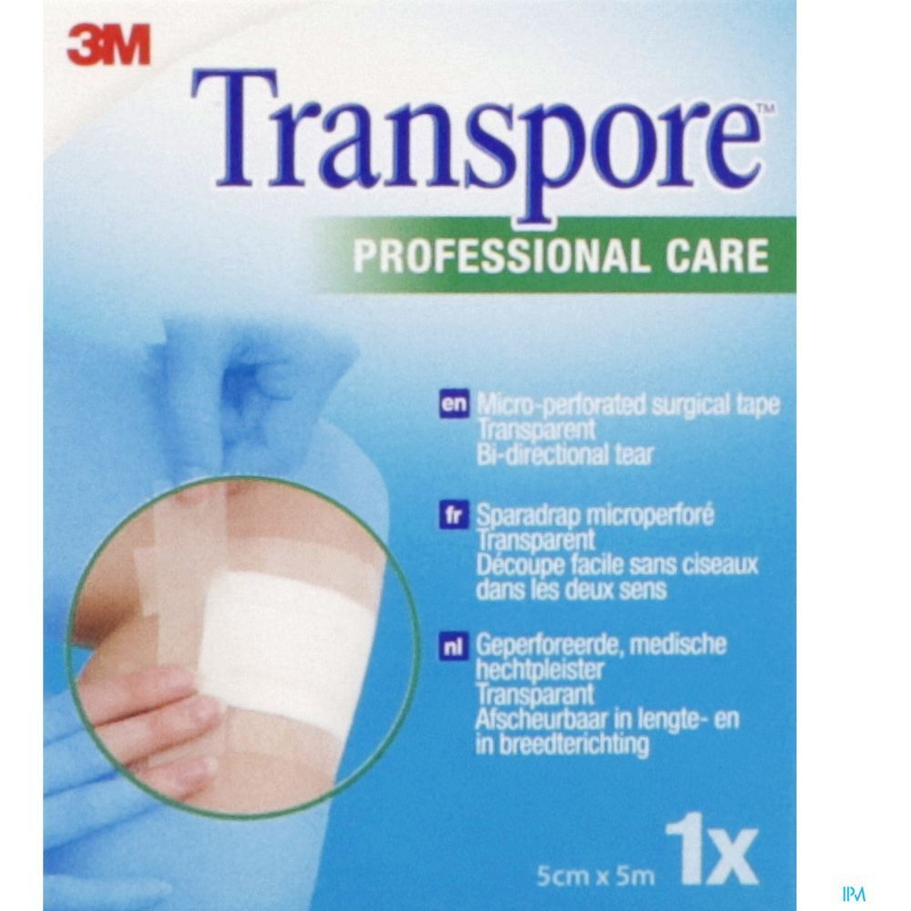 Emballage de ruban adhésif transparent. Marque Transpore, 3M. Taille : 5cm x 5m.