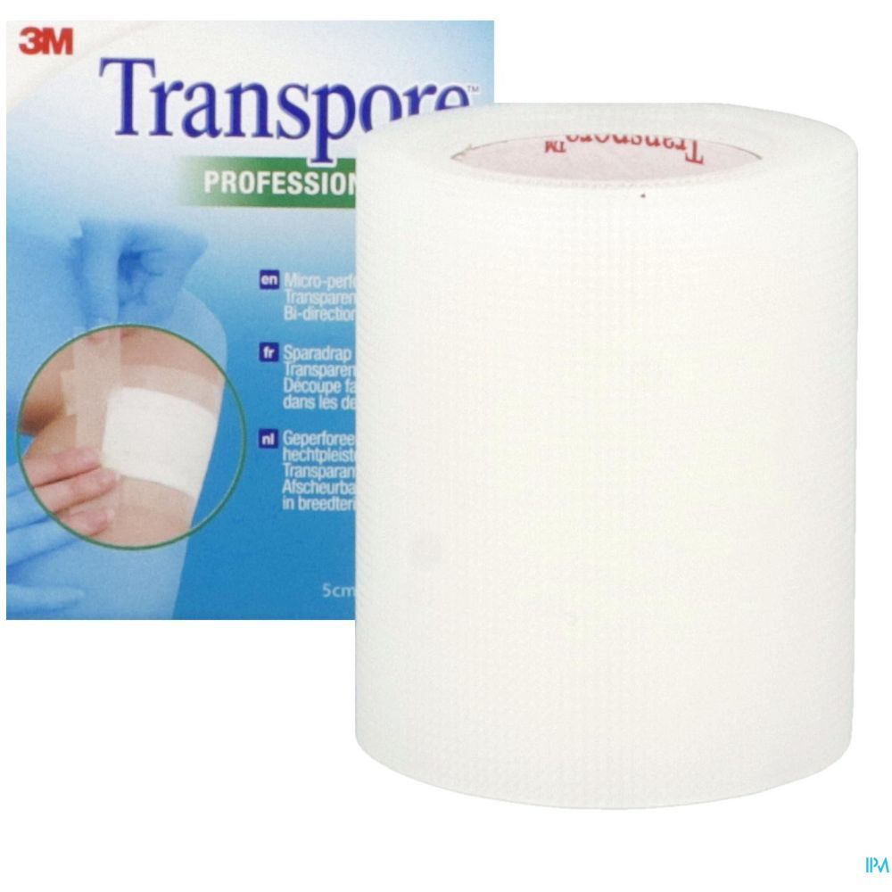 Emballage avec rouleau de ruban adhésif transparent. Marque Transpore, 3M.