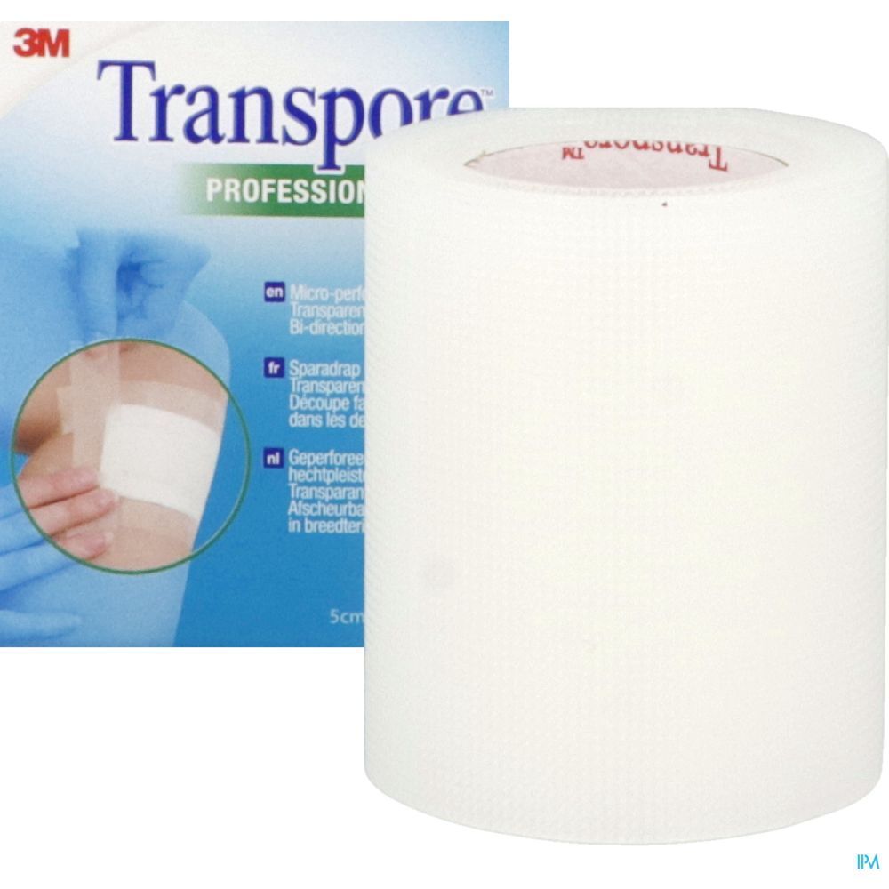 Emballage avec rouleau de ruban adhésif transparent. Marque Transpore, 3M.