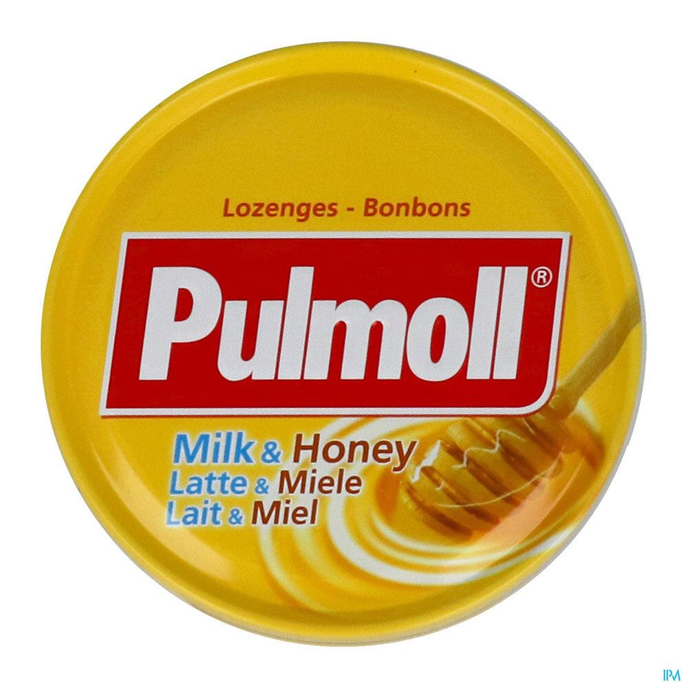 Boîte ronde jaune. Bande rouge avec "Pulmoll". En dessous, "Milk & Honey", "Latte & Miele", "Lait & Miel". Ruche de miel.