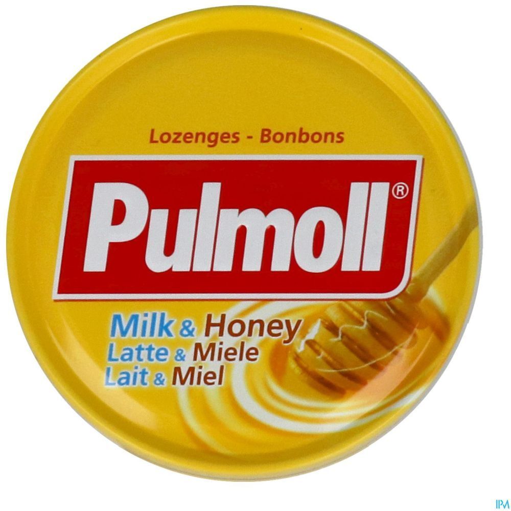 Boîte jaune ronde. Bande rouge avec "Pulmoll". En dessous, "Milk & Honey", "Latte & Miele", "Lait & Miel". Cuillère à miel.