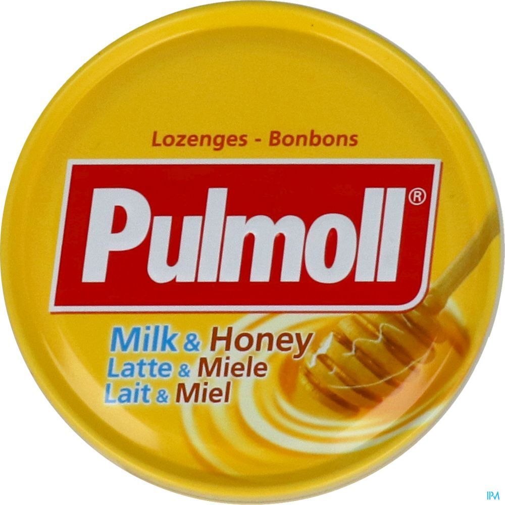 Boîte jaune ronde. Bande rouge avec "Pulmoll". En dessous, "Milk & Honey", "Latte & Miele", "Lait & Miel". Ruche de miel.