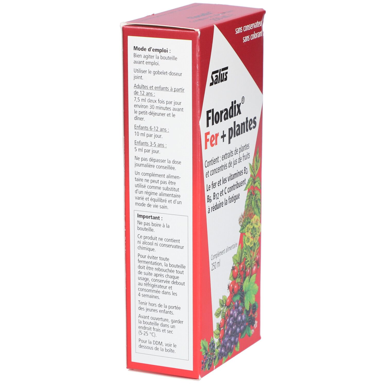Boîte rouge Floradix® Fer + plantes. Dos avec mode d'emploi en français.