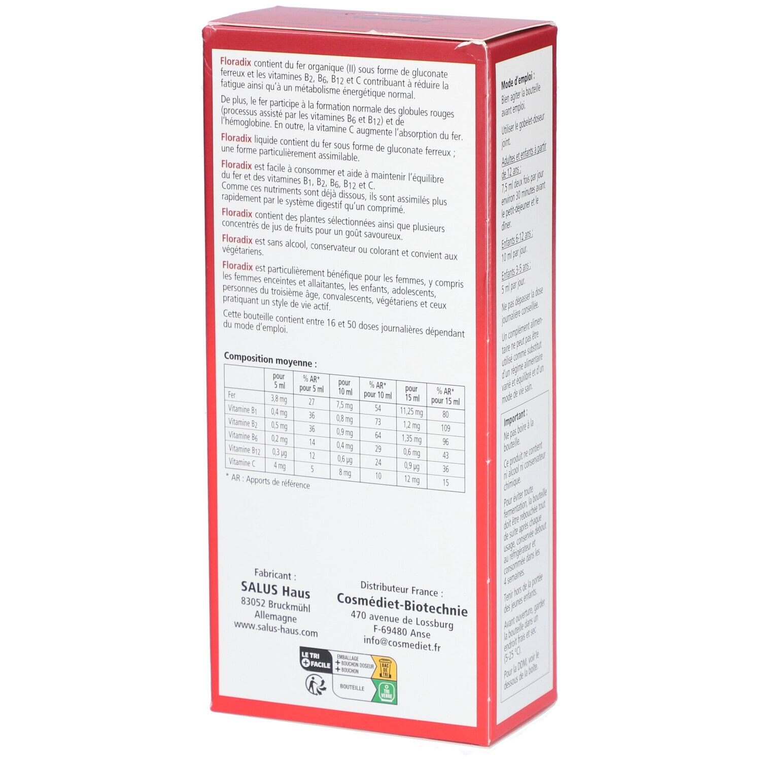 Boîte rouge Floradix® Fer + plantes. Dos avec informations produit et tableau nutritionnel.