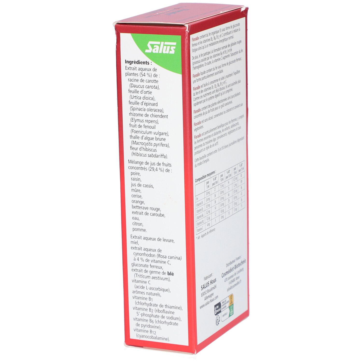 Boîte rouge Floradix® Fer + plantes. Côté avec liste des ingrédients en français.