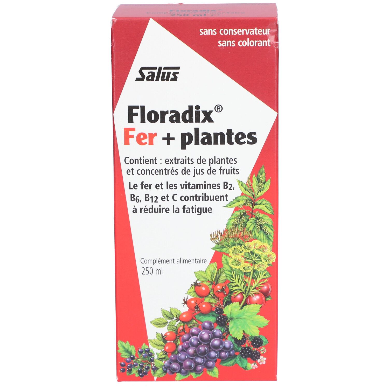 Boîte rouge Floradix® Fer + plantes. Face avant avec informations produit.