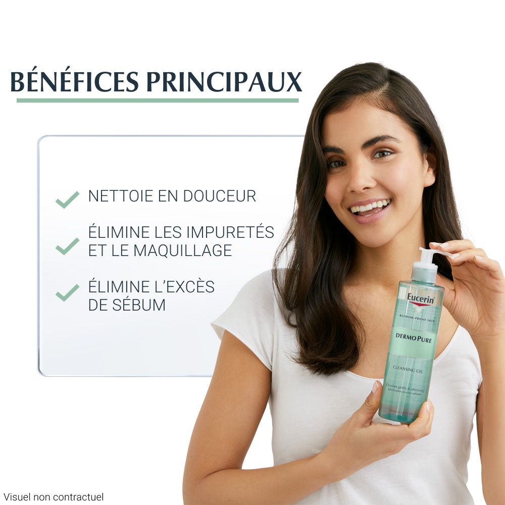 Frau hält Eucerin DermoPure Reinigungsgel. Text: Vorteile: Sanfte Reinigung, entfernt Unreinheiten, entfernt überschüssigen Talg.