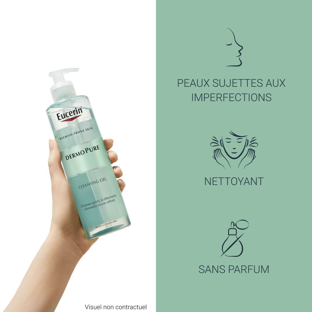 Hand hält Eucerin DermoPure Reinigungsgel. Text: Für unreine Haut, Reinigung, parfümfrei.