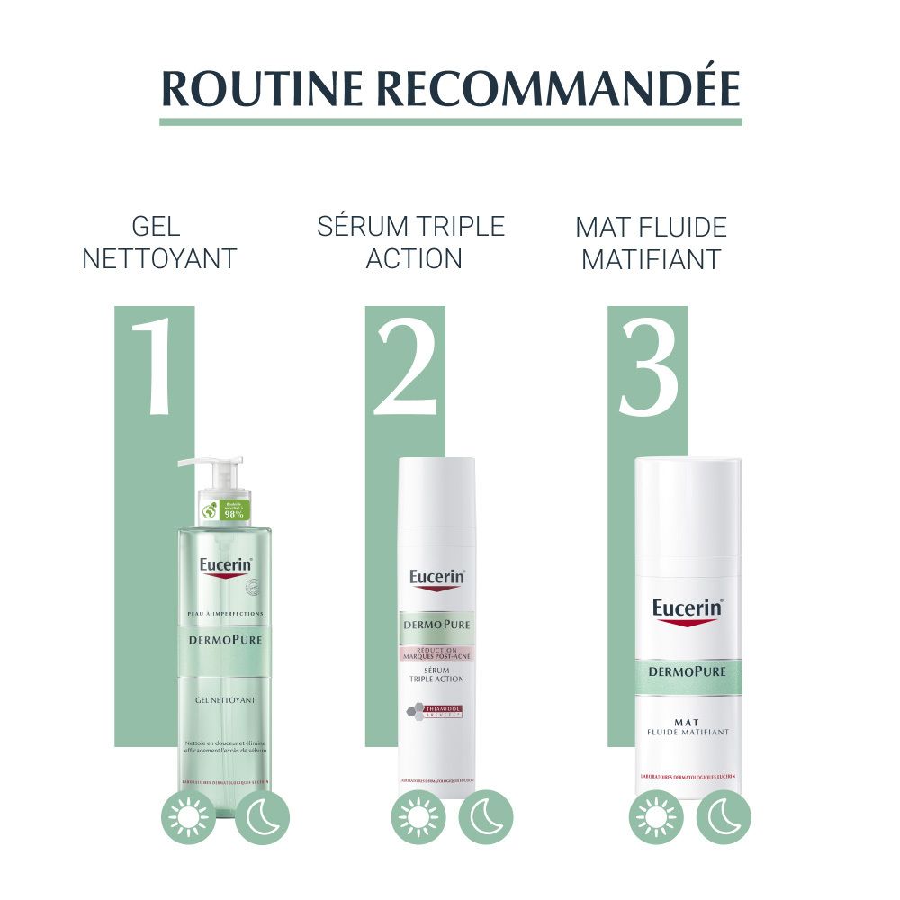 Empfohlene Routine: Reinigungsgel, Triple Action Serum, mattierende Fluid.