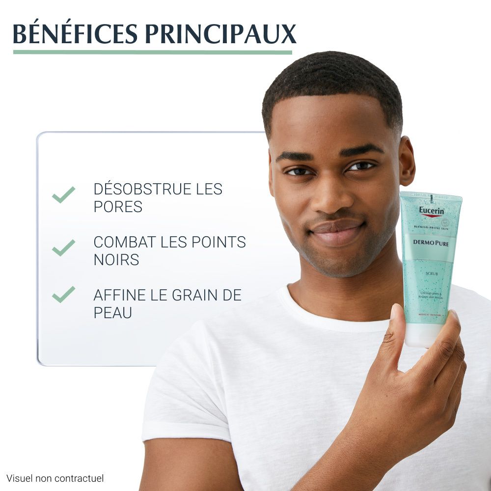 Homme tenant Eucerin DermoPure Gommage. Texte: Désencombre les pores, Combat les points noirs, Affine le grain de peau.