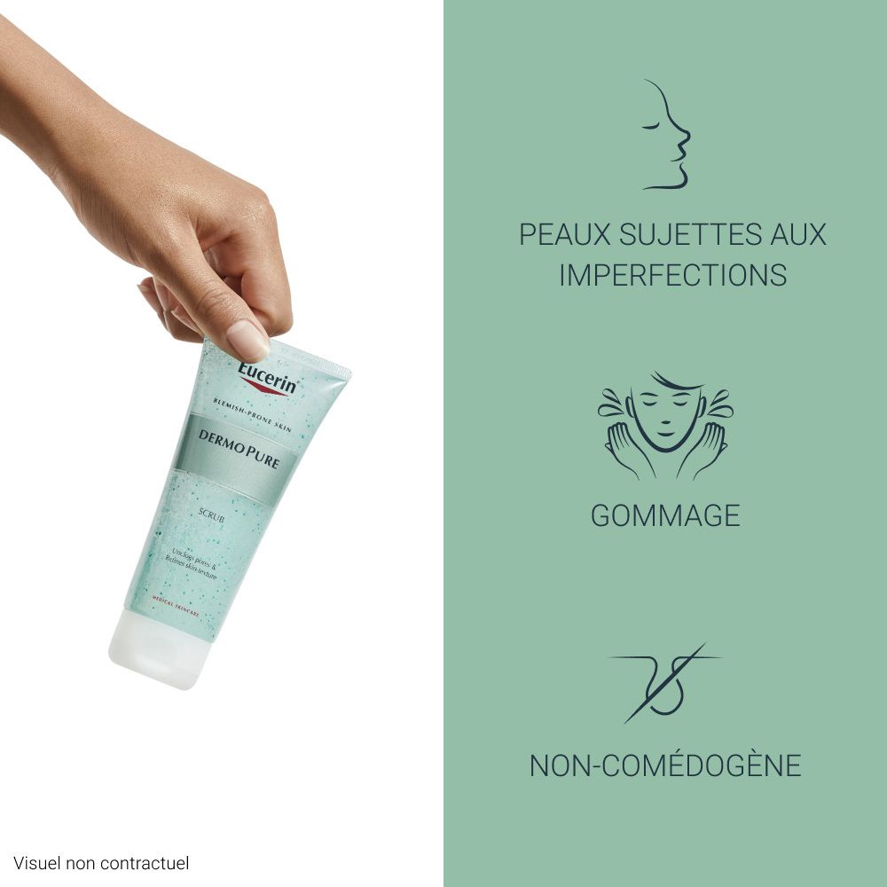 Main tenant Eucerin DermoPure Gommage. Texte: Peaux sujettes aux imperfections, Gommage, Non-comédogène.