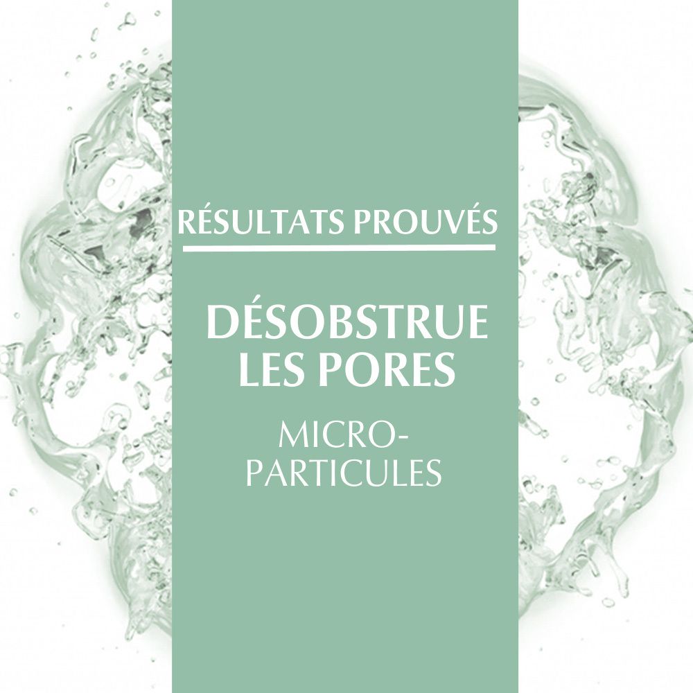 Texte: Résultats prouvés, Désencombre les pores, Micro-particules. L'eau éclabousse autour du texte.