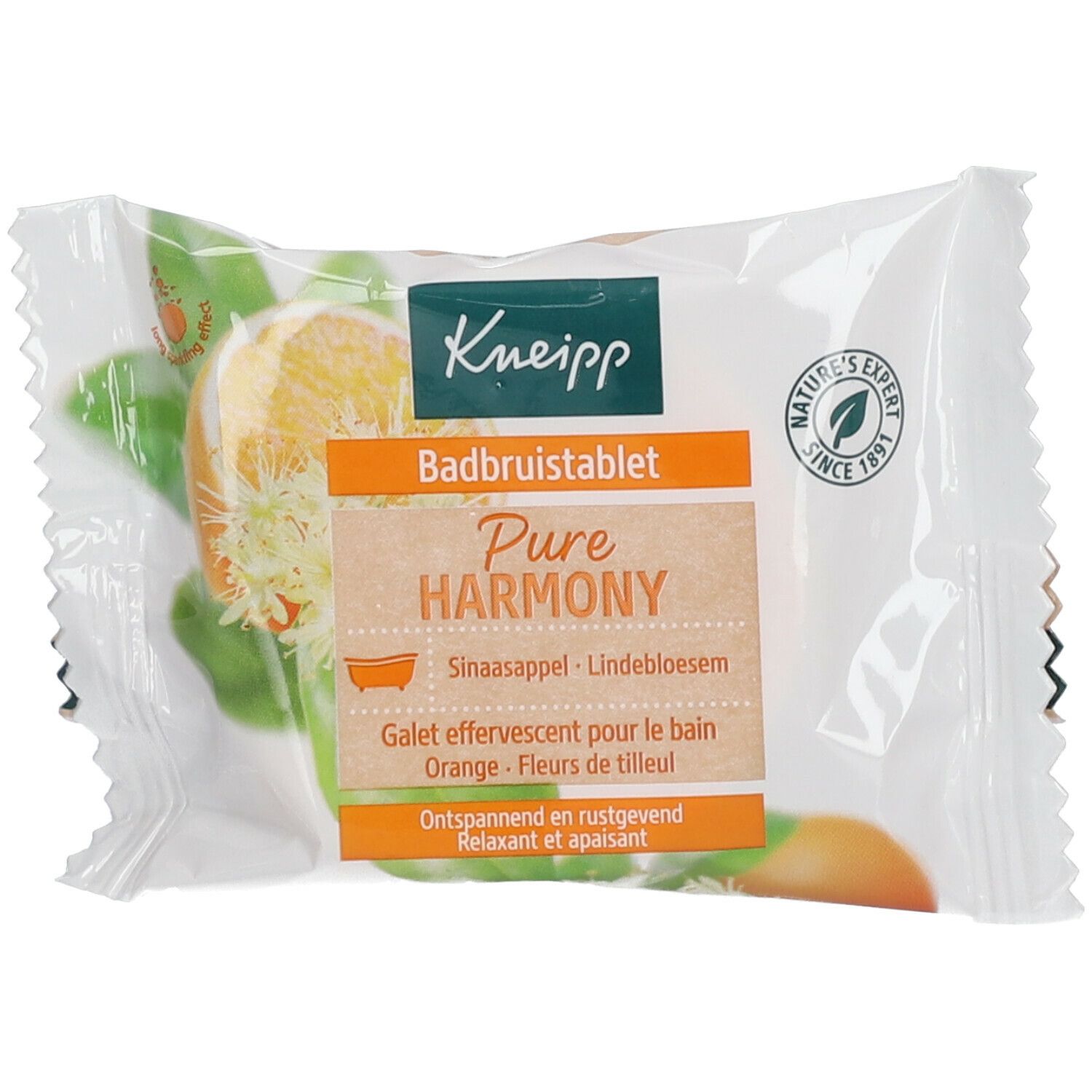 Kneipp® Brausetablette, transparente Verpackung. Orange und Limettenblüte abgebildet. Text: Pure Harmony, Badbruistablet.