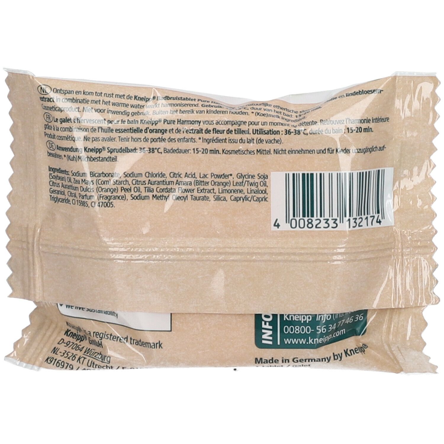 Rückseite der Kneipp® Brausetablette-Verpackung. Text und Barcode. Hergestellt in Deutschland. Kneipp-Logo.
