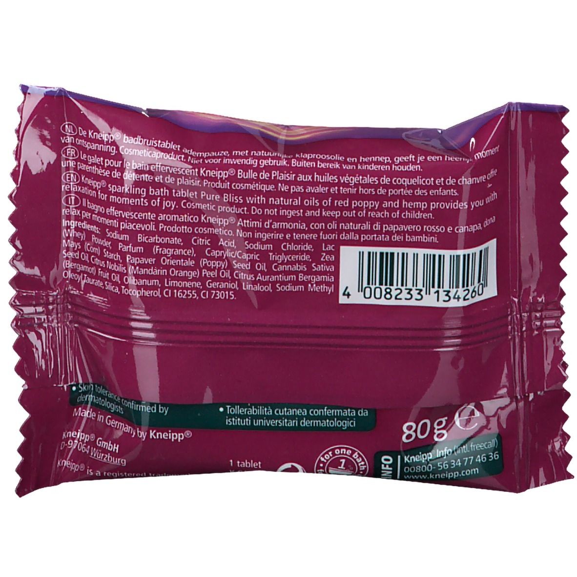 Rückseite der Verpackung mit Produktinformationen und Barcode. Enthält Text in mehreren Sprachen und das Kneipp-Logo.