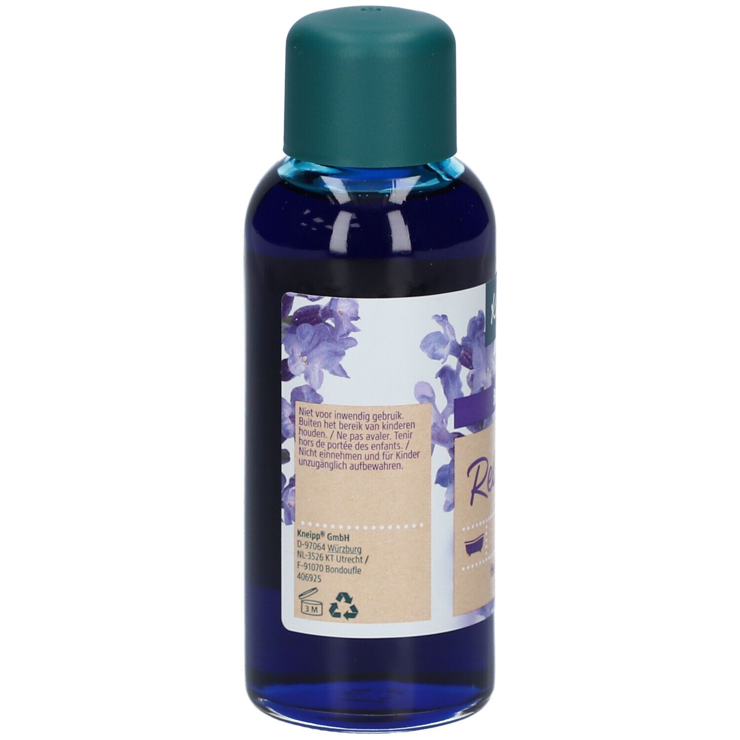 Rückseite der Kneipp Badeöl Lavendel Flasche. Etikett mit Produktinformationen und Inhaltsstoffen.
