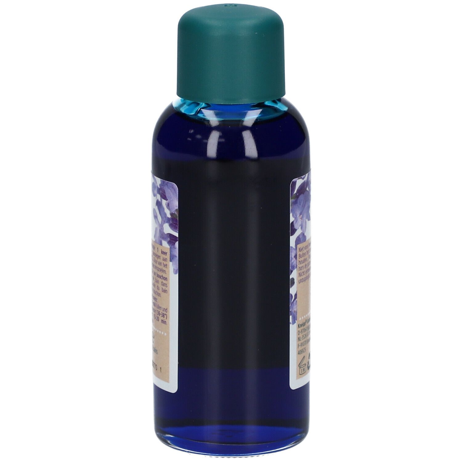 Seitenansicht der Kneipp Badeöl Lavendel Flasche. Etikett mit Produktinformationen.