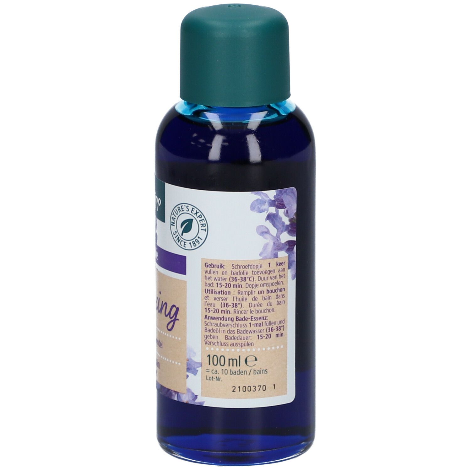Kneipp Badeöl Lavendel Flasche. Etikett mit Produktinformationen, Dosierung und Inhaltsangabe. 100 ml.