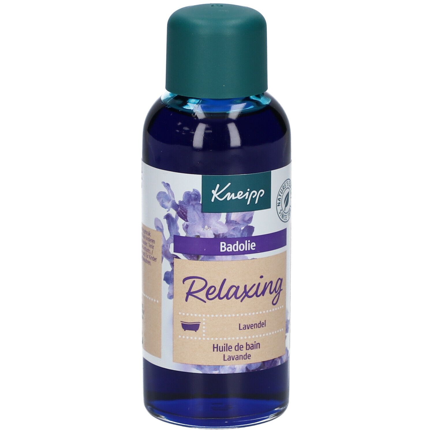 Kneipp Badeöl Lavendel Flasche. Vorderansicht mit Produktnamen und Lavendel-Illustration. Grüner Deckel.