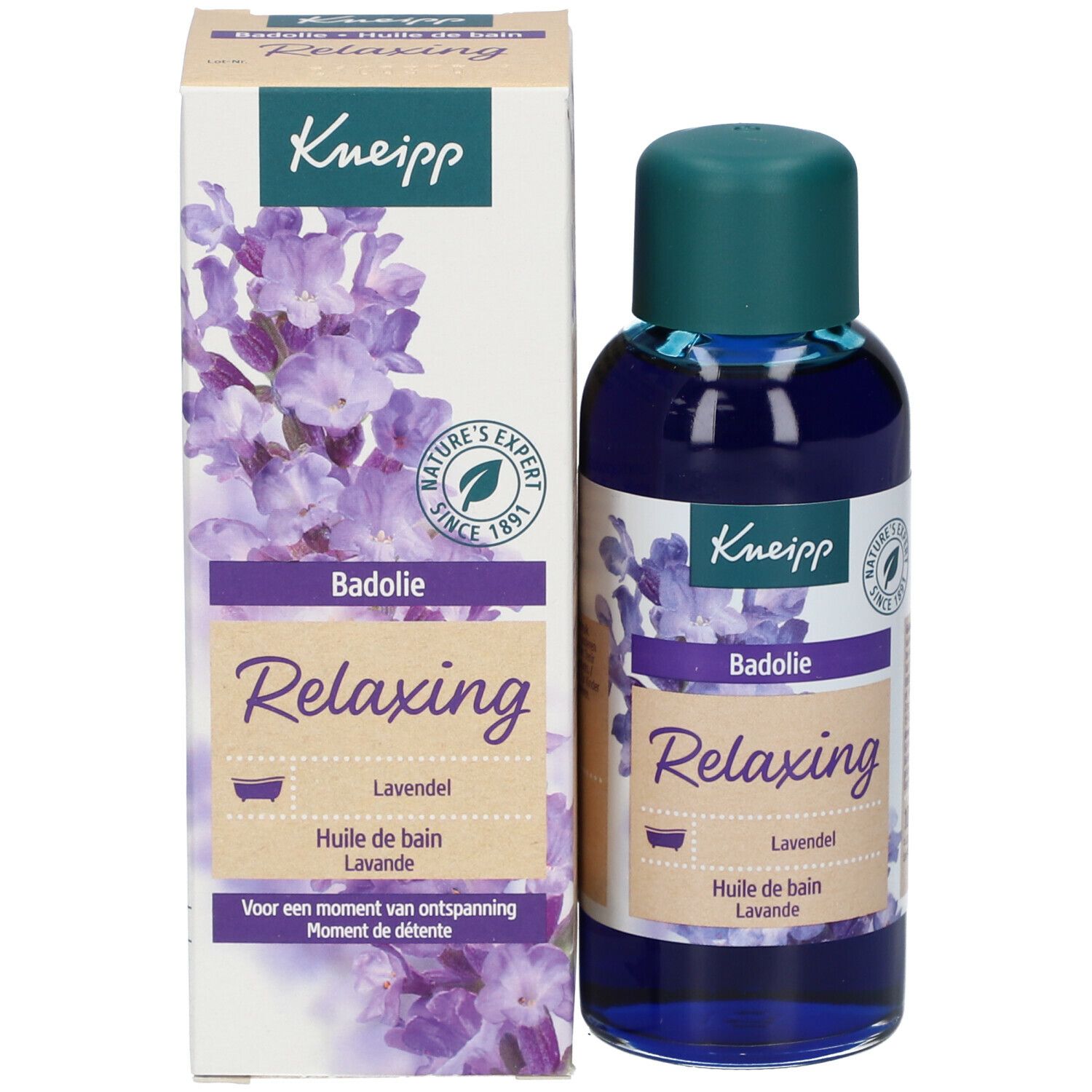Kneipp Badeöl Lavendel Flasche und Verpackung. Flasche mit grünem Deckel. Verpackung mit Lavendel-Illustration.