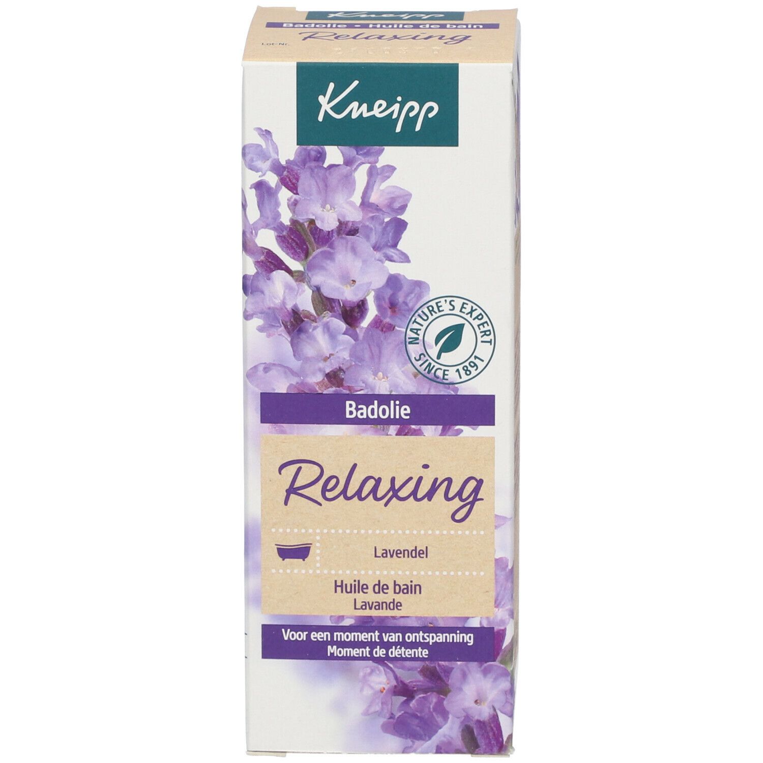 Kneipp Badeöl Lavendel Verpackung. Karton mit Produktnamen, Lavendel-Illustration und Logo.