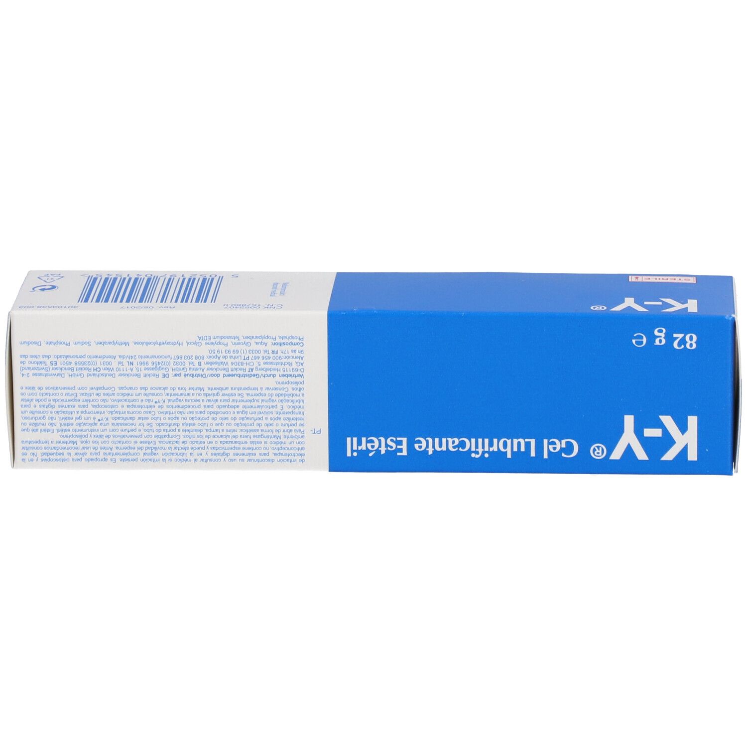 Boîte bleue, vue de dessus. Inscription : K-Y® Gel Lubrifiant Estéril. Poids : 82 g.