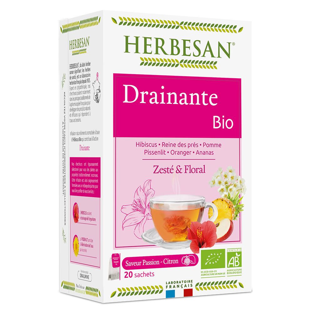 Karton mit Herbesan® Tee. Aufdruck: Drainante Bio, 20 Beutel, Zeste & Floral. Abbildung einer Tasse Tee.