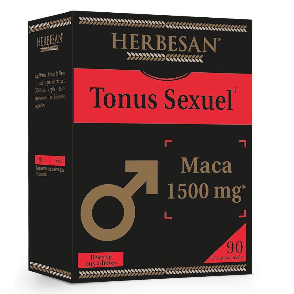 Schwarze Schachtel mit Herbesan® Maca +. Roter Streifen mit Text. Enthält 90 Tabletten. Männliches Symbol.