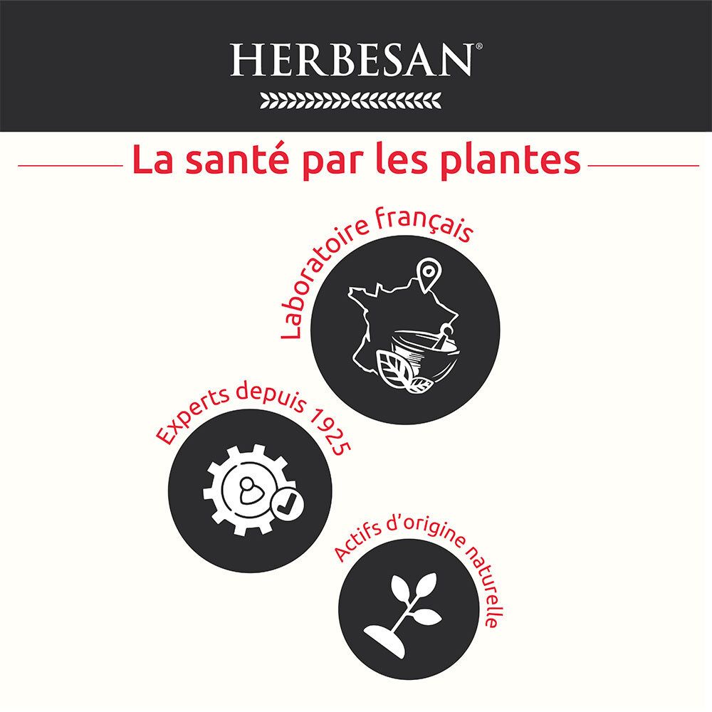 Logo Herbesan®. Text: Gesundheit durch Pflanzen. Logos: Labor, Experten seit 1925, natürliche Inhaltsstoffe.