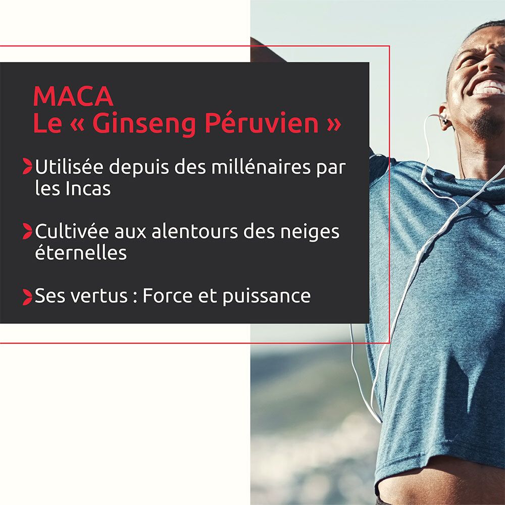 Mann im Freien. Text: Maca, das peruanische Ginseng. Verwendet von den Inkas. Anbau in den Anden.