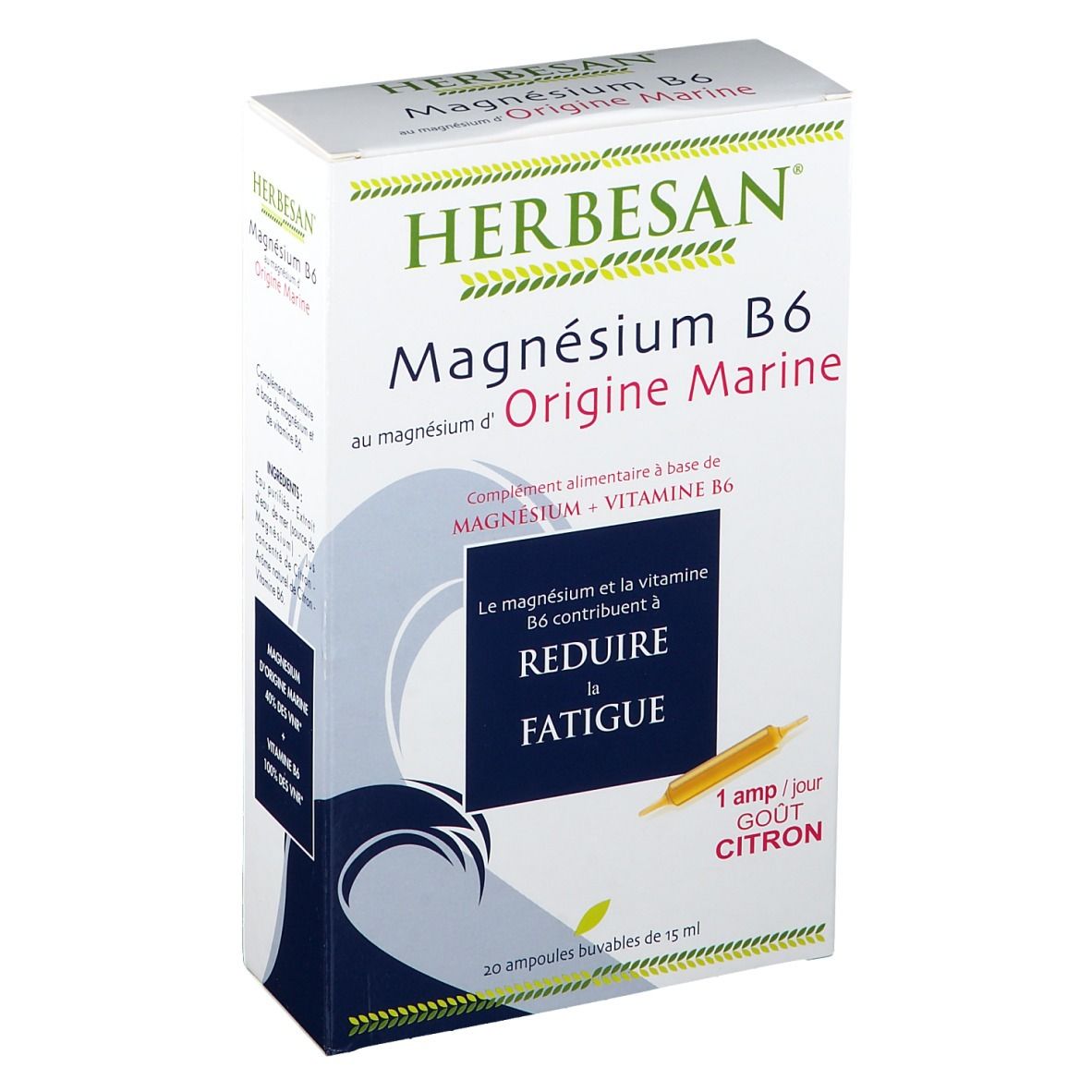 Boîte Herbesan Magnésium B6. Inscription: Magnésium B6 Origine Marine. 20 ampoules buvables. Réduit la fatigue.