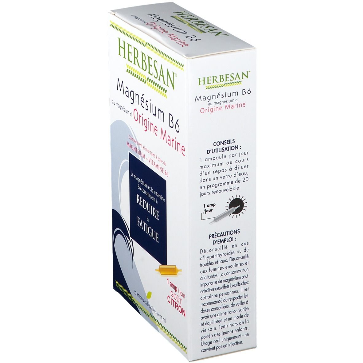 Boîte Herbesan Magnésium B6. Inscription: Magnésium B6 Origine Marine. Conseils d'utilisation. Réduit la fatigue.