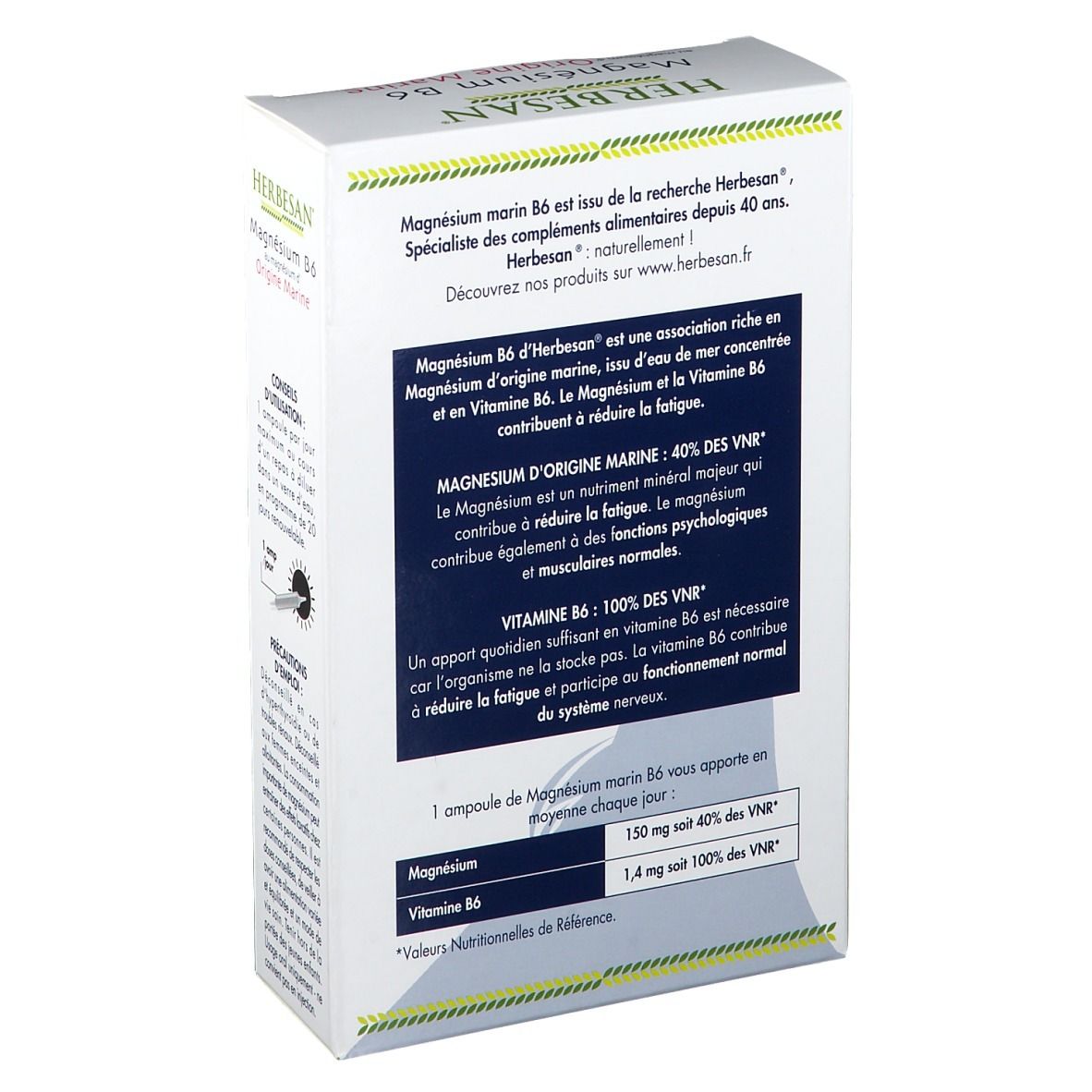 Dos de la boîte Herbesan Magnésium B6. Informations sur les ingrédients et les valeurs nutritionnelles. Magnésium et vitamine B6.
