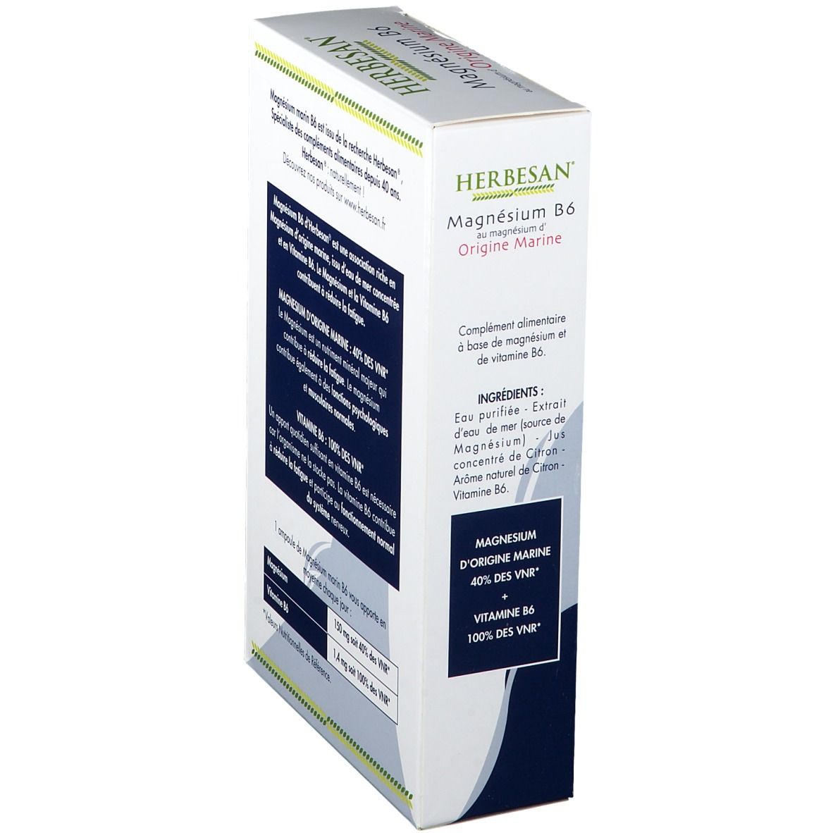 Boîte Herbesan Magnésium B6. Inscription: Magnésium B6 Origine Marine. Ingrédients et valeurs nutritionnelles. Magnésium et vitamine B6.