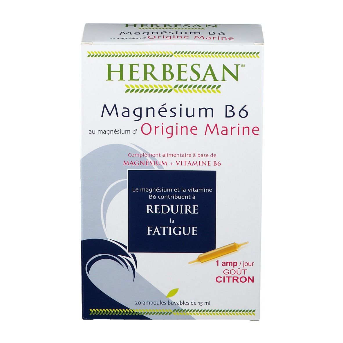 Boîte Herbesan Magnésium B6. Inscription: Magnésium B6 Origine Marine. 20 ampoules buvables. Réduit la fatigue. Goût citron.