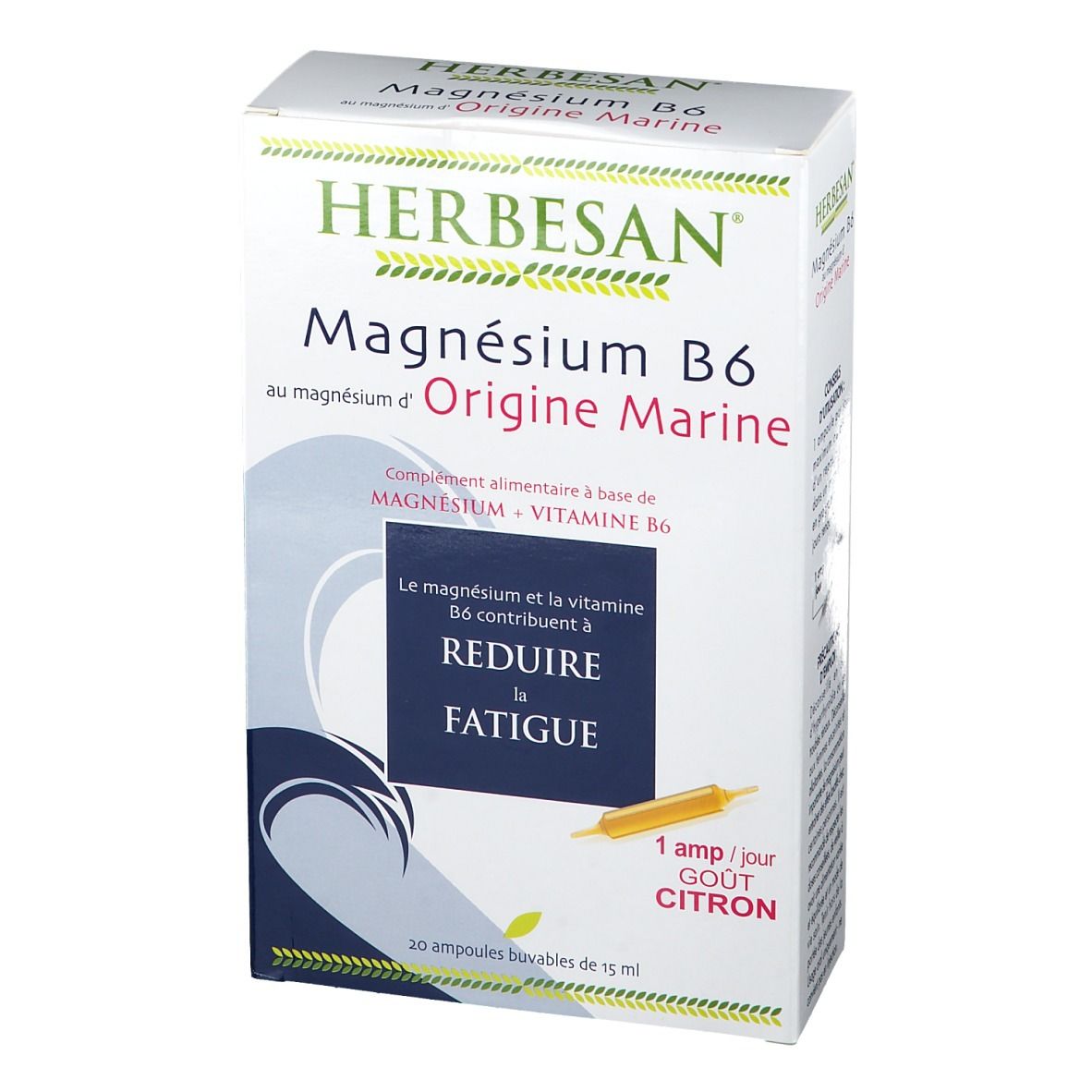 Boîte Herbesan Magnésium B6. Inscription: Magnésium B6 Origine Marine. 20 ampoules buvables. Réduit la fatigue. Goût citron.