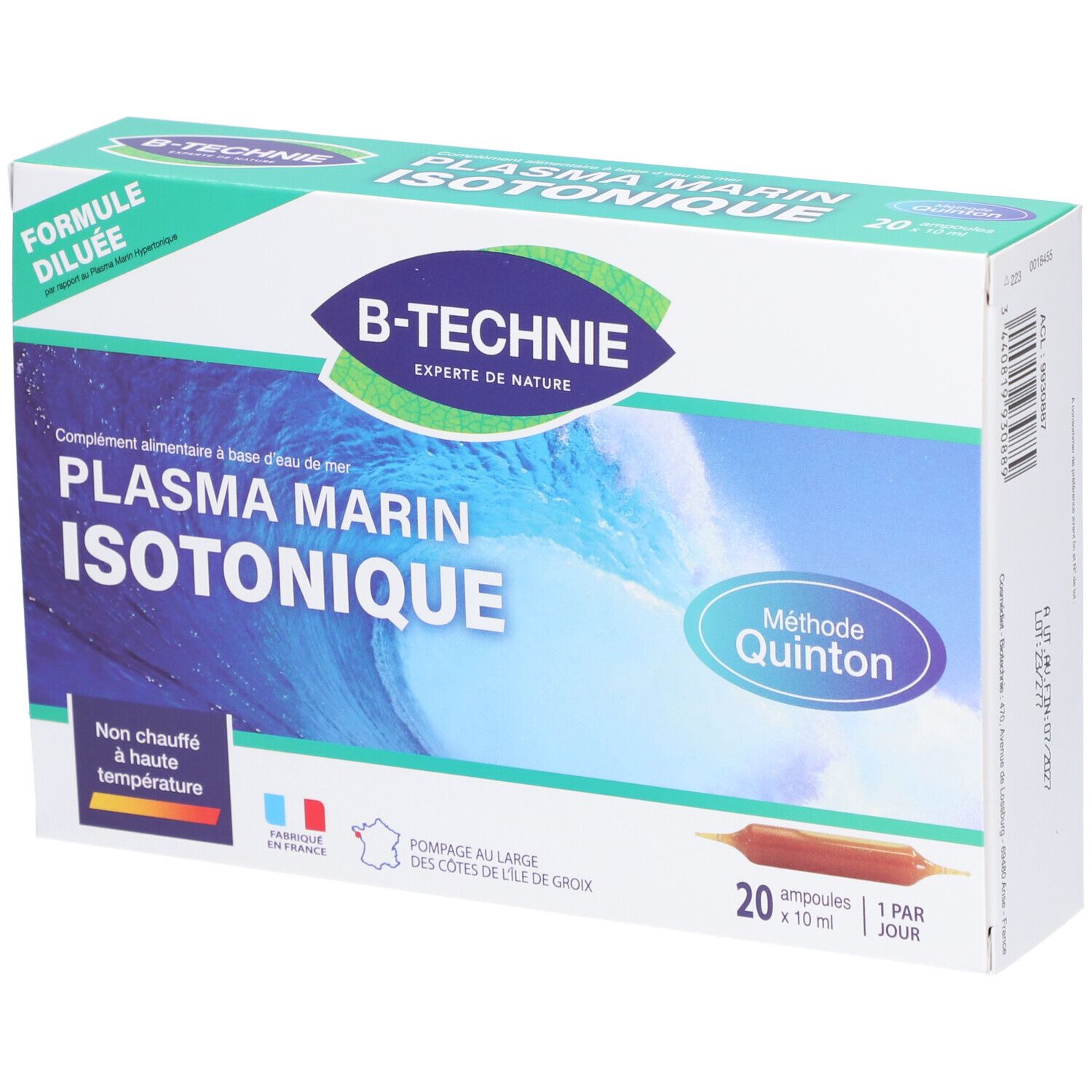 Boîte de "Plasma Marin Isotonique". Contient 20 ampoules. Marque B-Technie. Méthode Quinton.